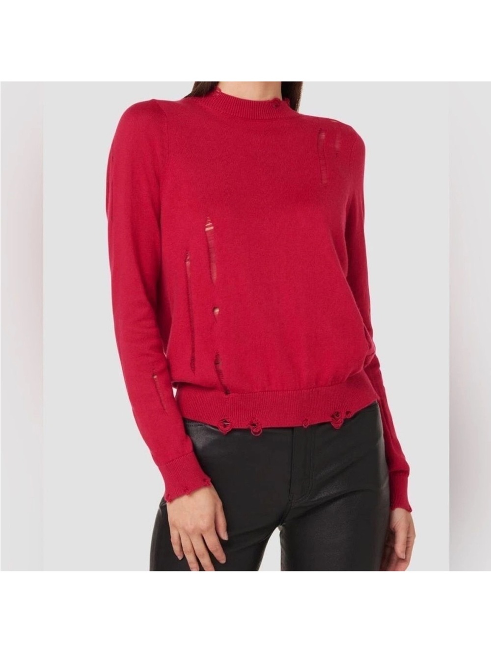 Hudson Jeans Cashmere Blend Distressed Crewneck Sweater vibrant Berry Red XS